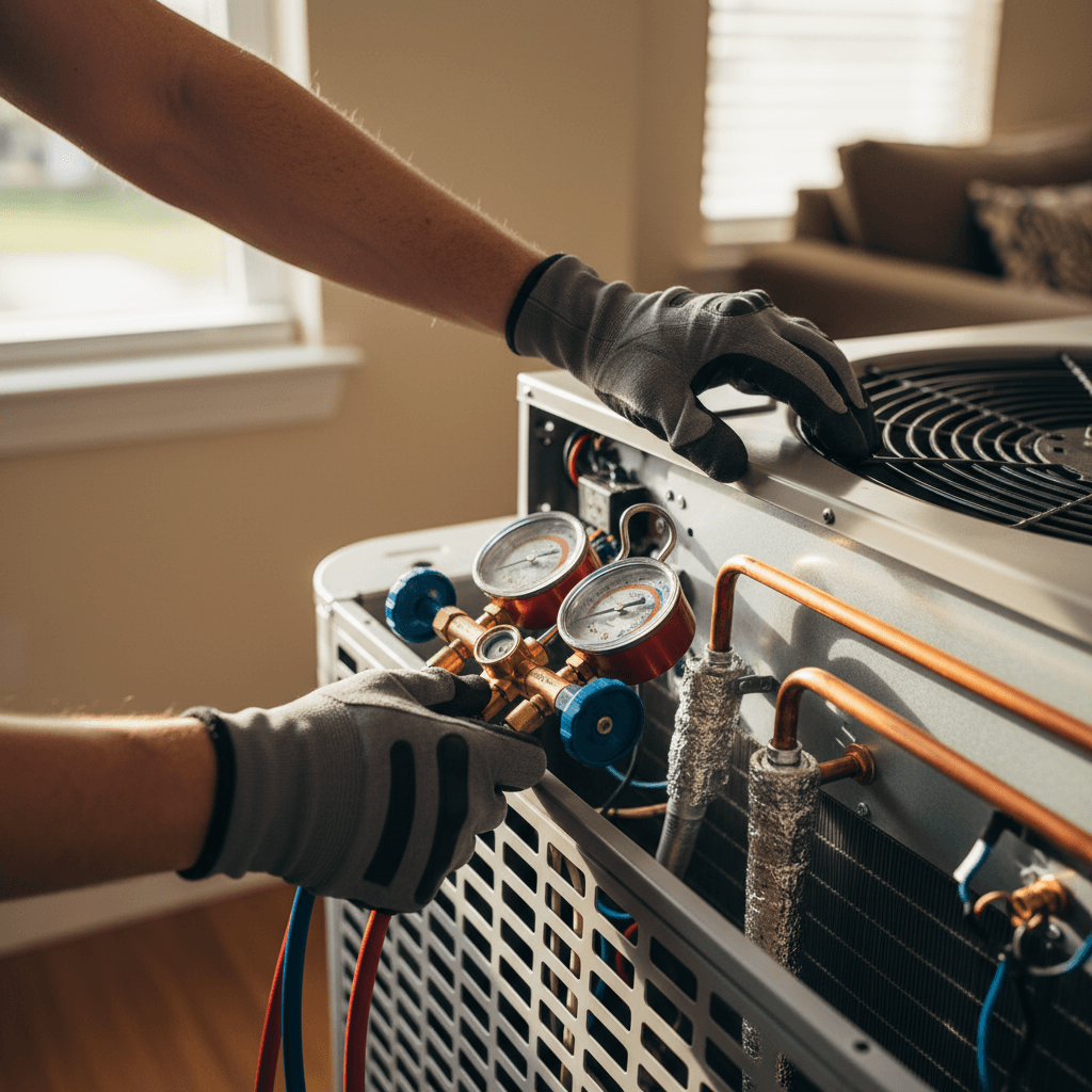 AC technician inspecting air conditioning unit components