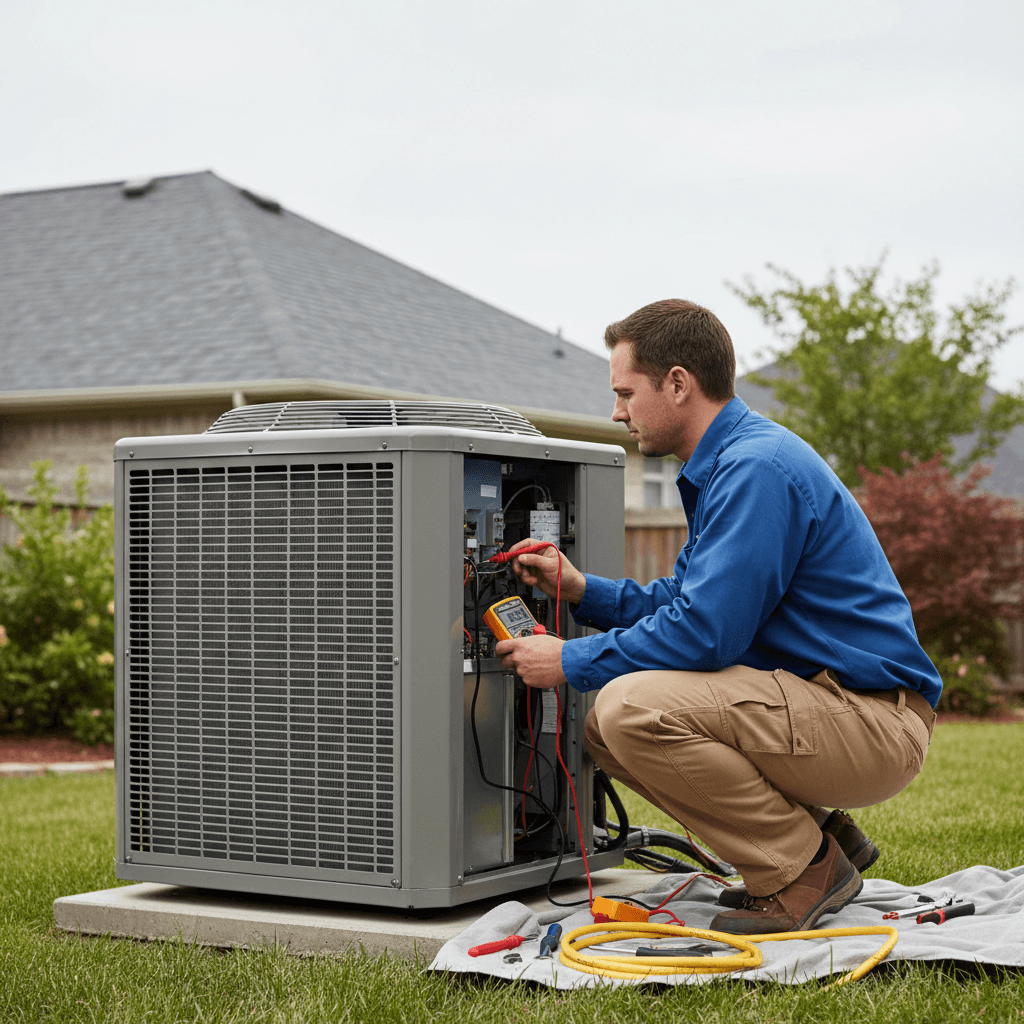 HVAC technician diagnosing AC repair issue