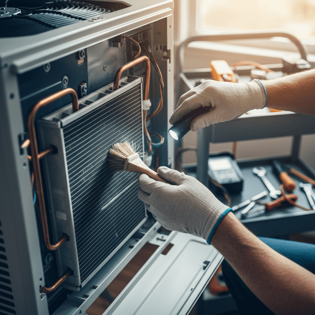 Technician performing AC routine maintenance