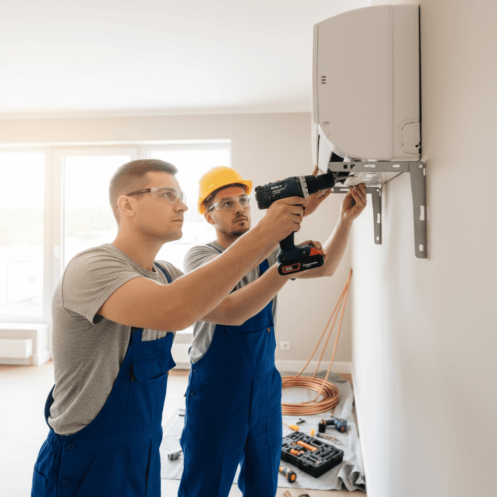 HVAC technicians installing new air conditioning unit