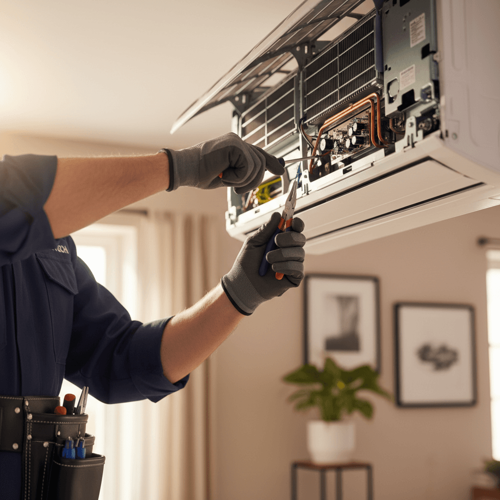AC technician performing detailed maintenance work
