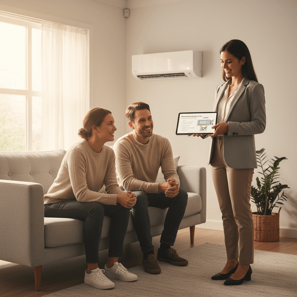 Technician explaining AC service to customer