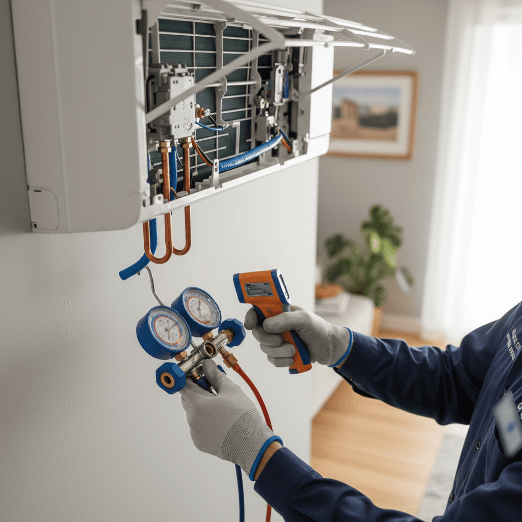 Technician studying AC technical documentation